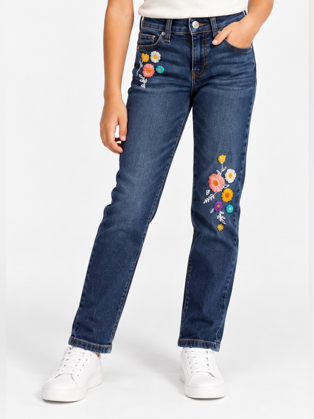 Cat & Jack Girls Jeans Size 10 Dark Wash Floral Embroidered Straight Leg Denim